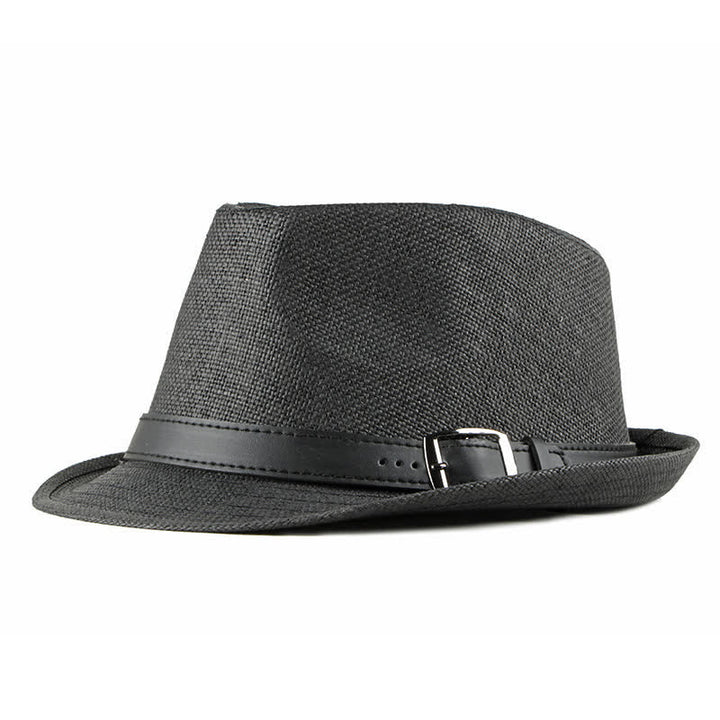 Men's Stylish Casual Leather Decor Straw Fedora Hat - Black - M (22"-22 7/8") - image 5