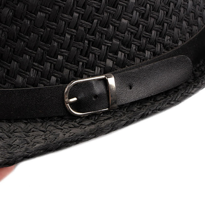 Men's Woven Leather Band Decor Beach Straw Fedora Hat - image 6