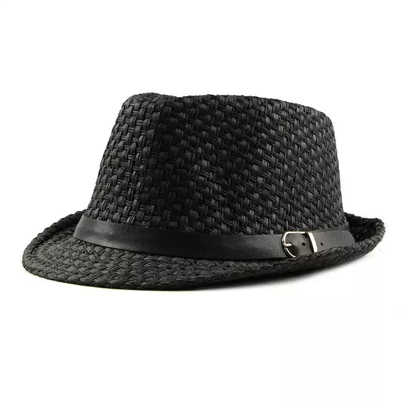 Men's Woven Leather Band Decor Beach Straw Fedora Hat - Black - M (22"-22 7/8") - image 2