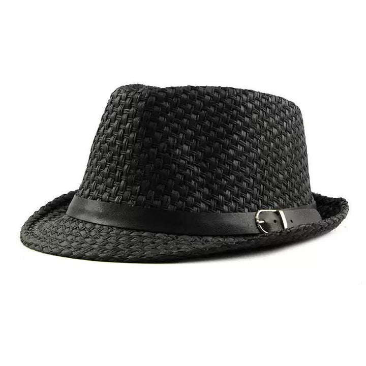 Men's Woven Leather Band Decor Beach Straw Fedora Hat - Black - M (22"-22 7/8") - image 2