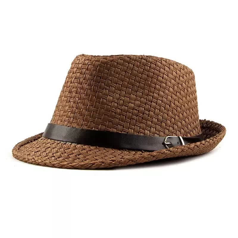 Men's Woven Leather Band Decor Beach Straw Fedora Hat - Coffee - M (22"-22 7/8") - image 8