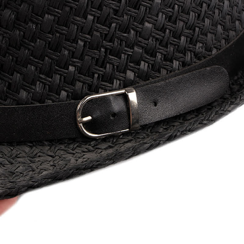 Men's Woven Leather Band Decor Beach Straw Fedora Hat - image 6