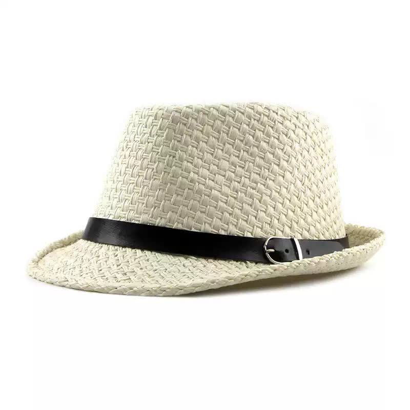 Men's Woven Leather Band Decor Beach Straw Fedora Hat - White - M (22"-22 7/8") - image 9