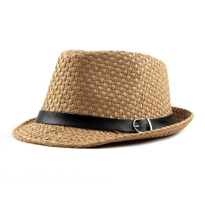 Men's Woven Leather Band Decor Beach Straw Fedora Hat - Khaki - M (22"-22 7/8") - image 0