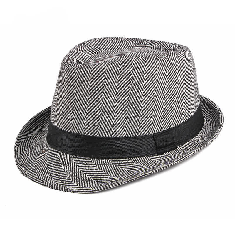 Gentlemen Herringbone Pattern Black Ribbon Fedora Hat - Black - M (22"-22 7/8") - image 10
