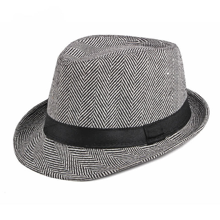 Gentlemen Herringbone Pattern Black Ribbon Fedora Hat - Black - M (22"-22 7/8") - image 10
