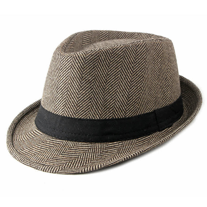 Gentlemen Herringbone Pattern Black Ribbon Fedora Hat - Khaki - M (22"-22 7/8") - image 0