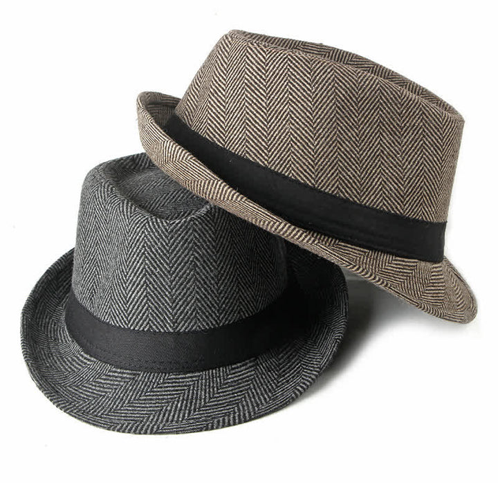 Gentlemen Herringbone Pattern Black Ribbon Fedora Hat - image 1
