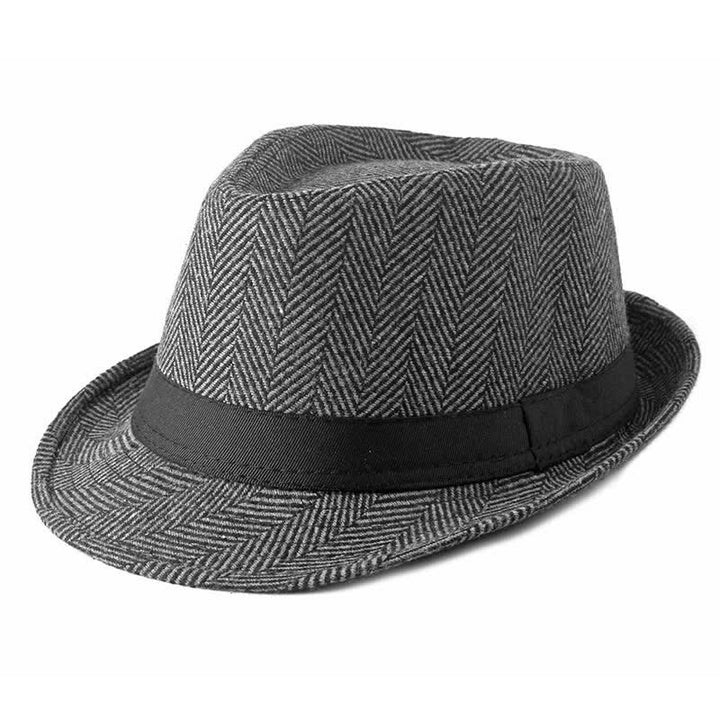 Gentlemen Herringbone Pattern Black Ribbon Fedora Hat - Gray - M (22"-22 7/8") - image 4