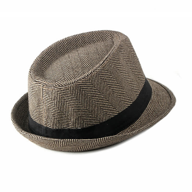 Gentlemen Herringbone Pattern Black Ribbon Fedora Hat - image 3