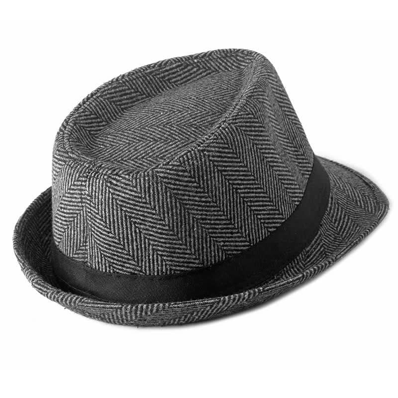 Gentlemen Herringbone Pattern Black Ribbon Fedora Hat - image 8