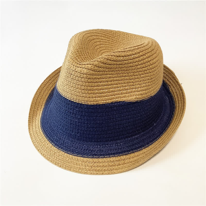 Funny Summer Color Matching Straw Fedora Hat - Khaki & Navy - M (22"-22 7/8") - image 2