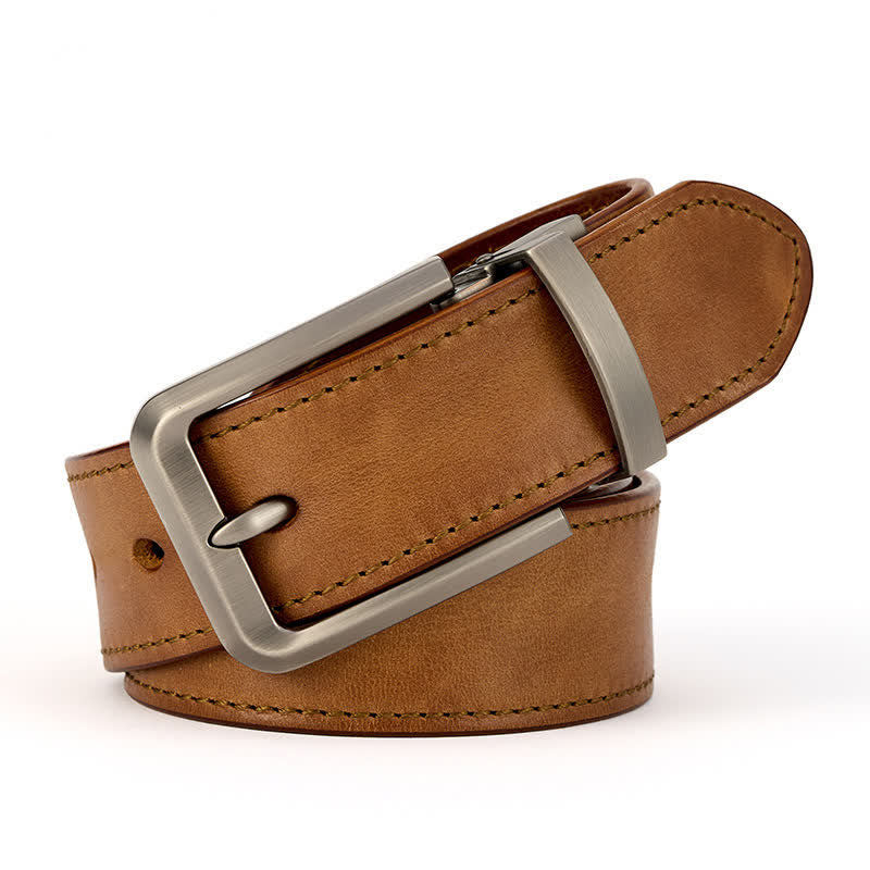 Men's Simple Capable Sewing Detailed Leather Belt - Yellowish-Brown - Style #1 - 42 - image 1
