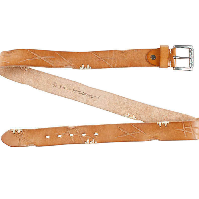 Men's Distressed Retro White Line Decor Leather Belt - image 13