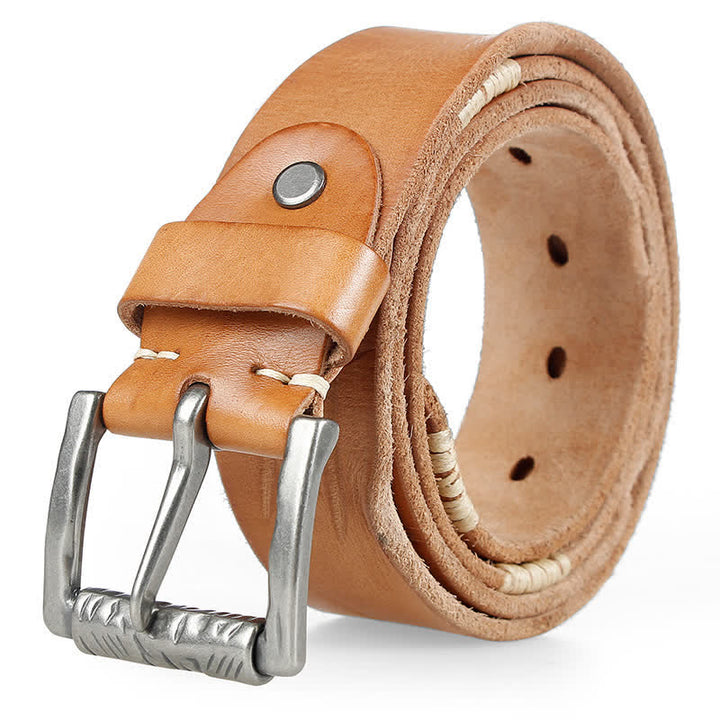 Men's Distressed Retro White Line Decor Leather Belt - Yellow - 44 - image 10