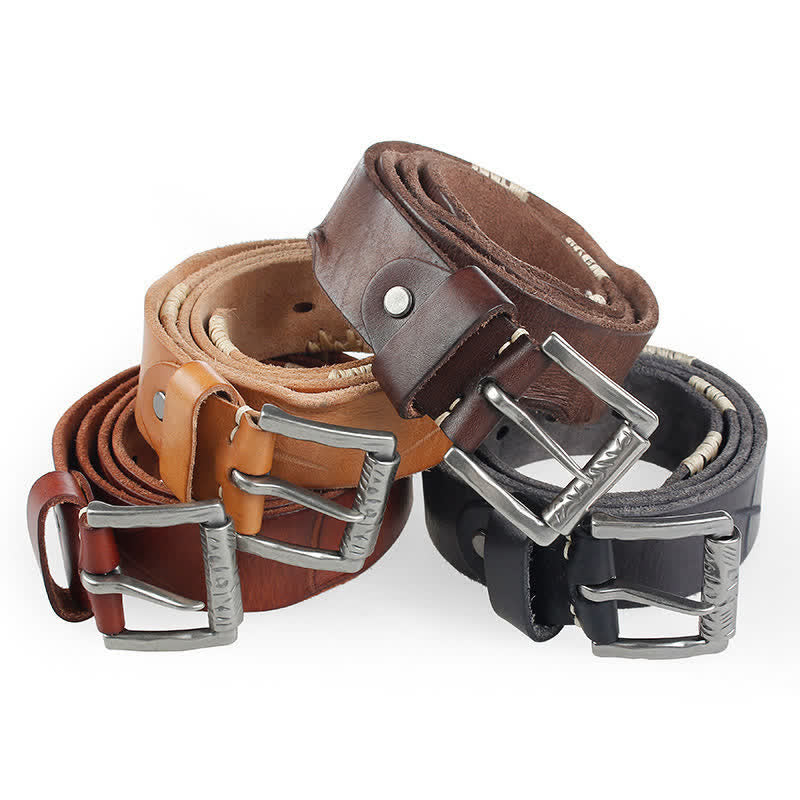 Men's Distressed Retro White Line Decor Leather Belt - image 1