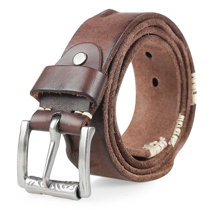 Men's Distressed Retro White Line Decor Leather Belt - Coffee - 44 - image 2