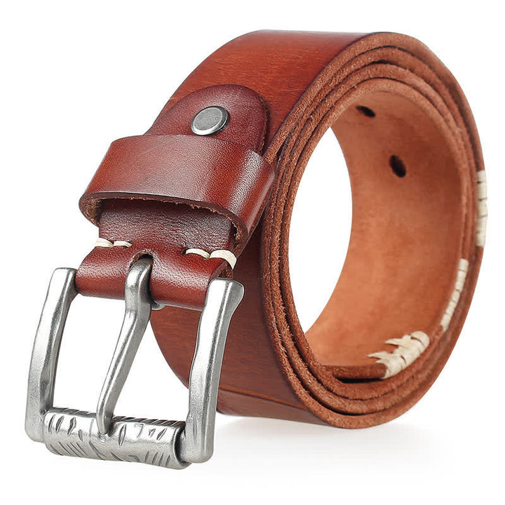 Men's Distressed Retro White Line Decor Leather Belt - Orange - 44 - image 14