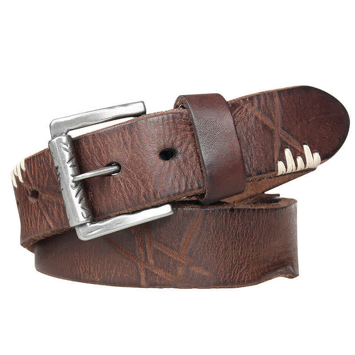 Men's Distressed Retro White Line Decor Leather Belt - image 3