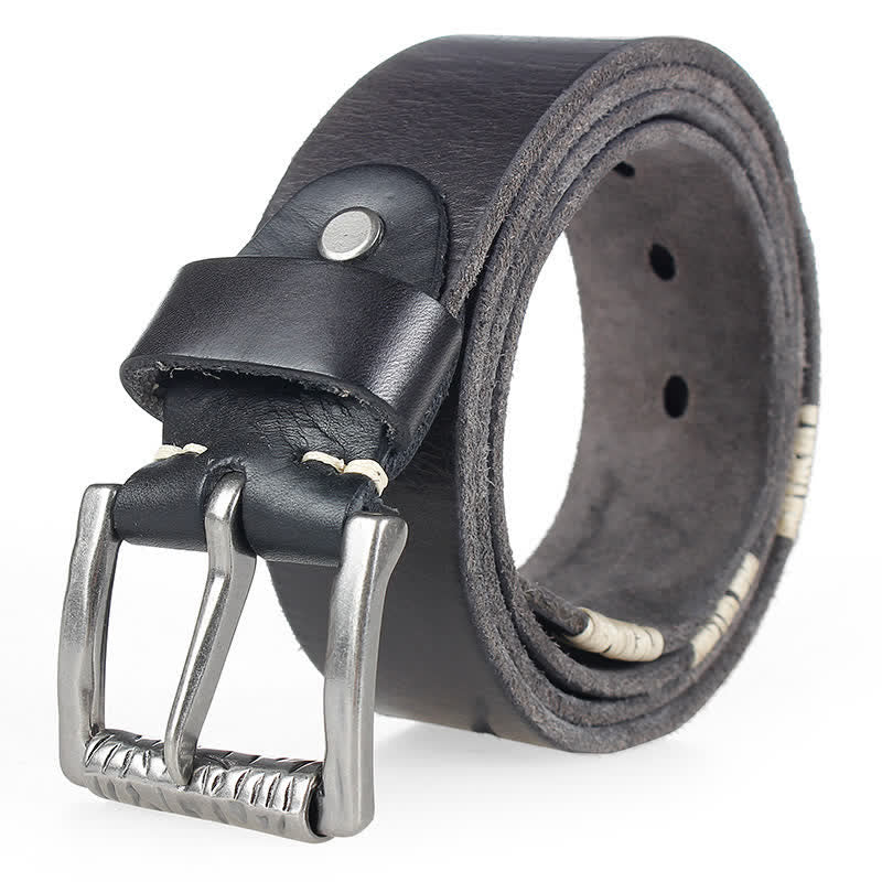 Men's Distressed Retro White Line Decor Leather Belt - Black - 44 - image 7