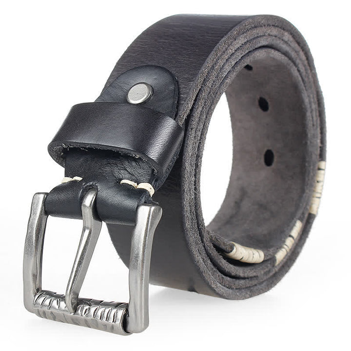 Men's Distressed Retro White Line Decor Leather Belt - Black - 44 - image 7