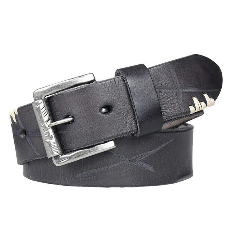 Men's Distressed Retro White Line Decor Leather Belt - image 8