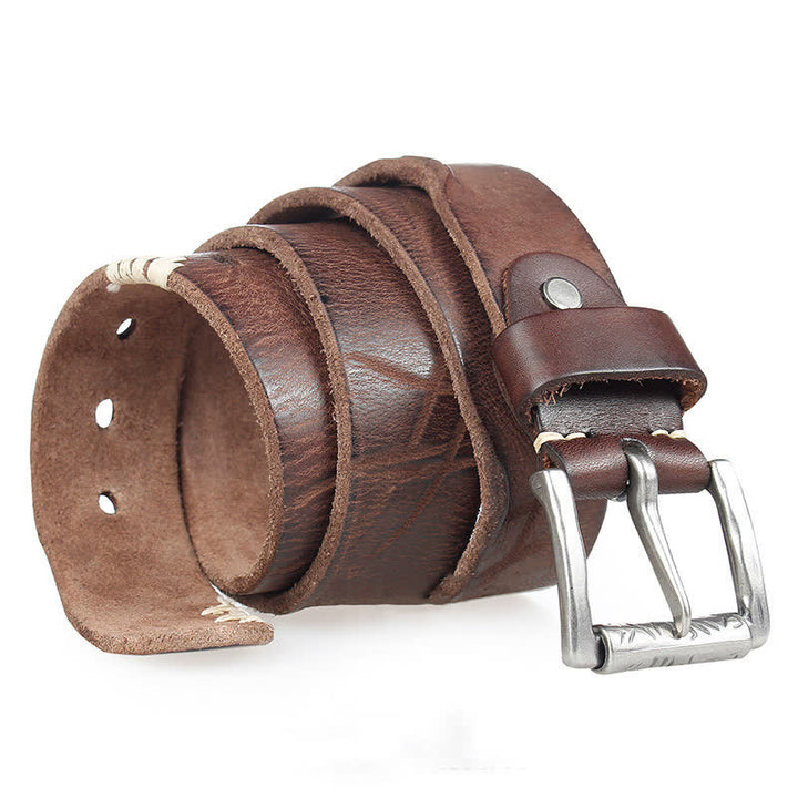 Men's Distressed Retro White Line Decor Leather Belt - image 0