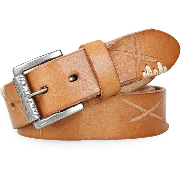 Men's Distressed Retro White Line Decor Leather Belt - image 11