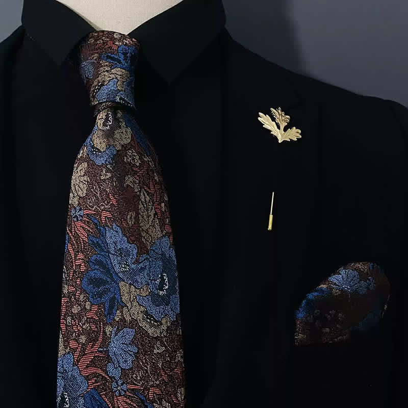 2Pcs Men's Dark Blue Elegant Flower Handkerchief Necktie Set - Dark Blue - image 0