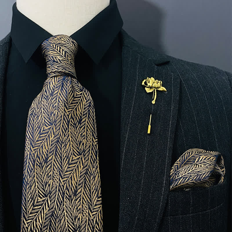 2Pcs Men's Dark Golden Willow Leaves Handkerchief Necktie Set - Dark Gold - image 0