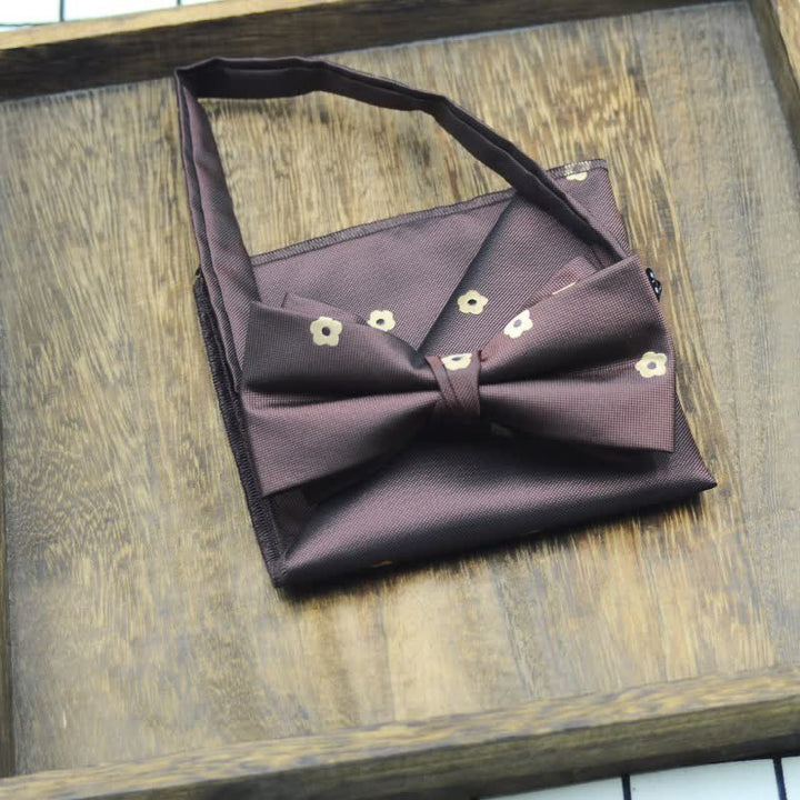 2Pcs Men's Mini Flower Printed Handkerchief Bow Tie - Brown - image 4