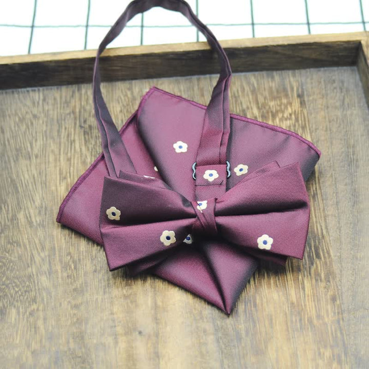 2Pcs Men's Mini Flower Printed Handkerchief Bow Tie - Burgundy - image 0