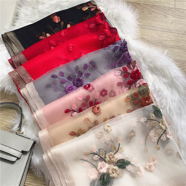 Birchapple Flower Embroidered Gold Edge Thin Summer Scarf - image 1