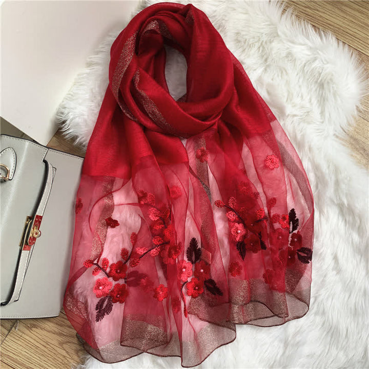 Birchapple Flower Embroidered Gold Edge Thin Summer Scarf - Burgundy - image 9