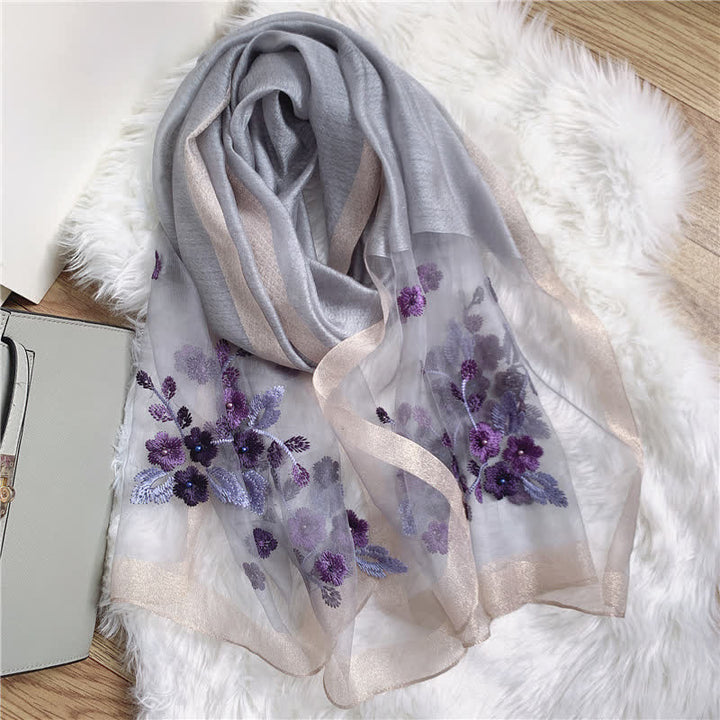 Birchapple Flower Embroidered Gold Edge Thin Summer Scarf - Gray - image 0