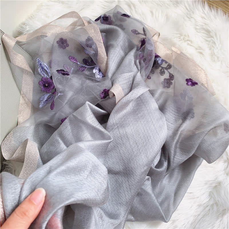 Birchapple Flower Embroidered Gold Edge Thin Summer Scarf - image 3
