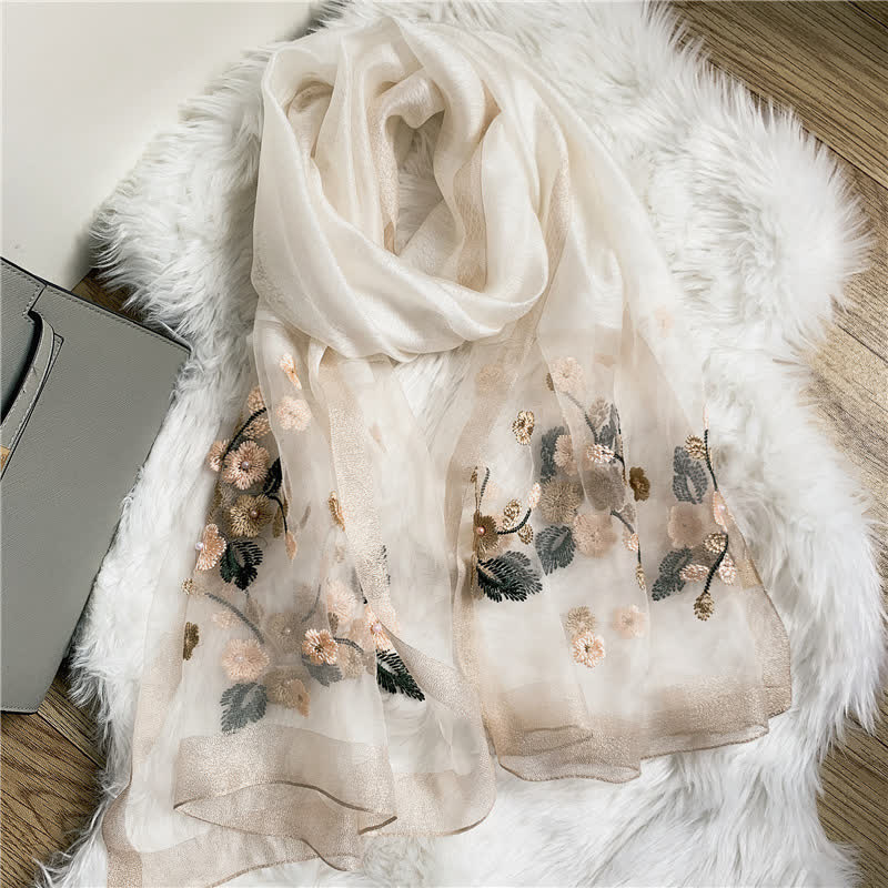 Birchapple Flower Embroidered Gold Edge Thin Summer Scarf - Ivory - image 6