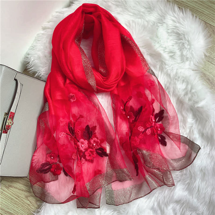 Birchapple Flower Embroidered Gold Edge Thin Summer Scarf - Red - image 4