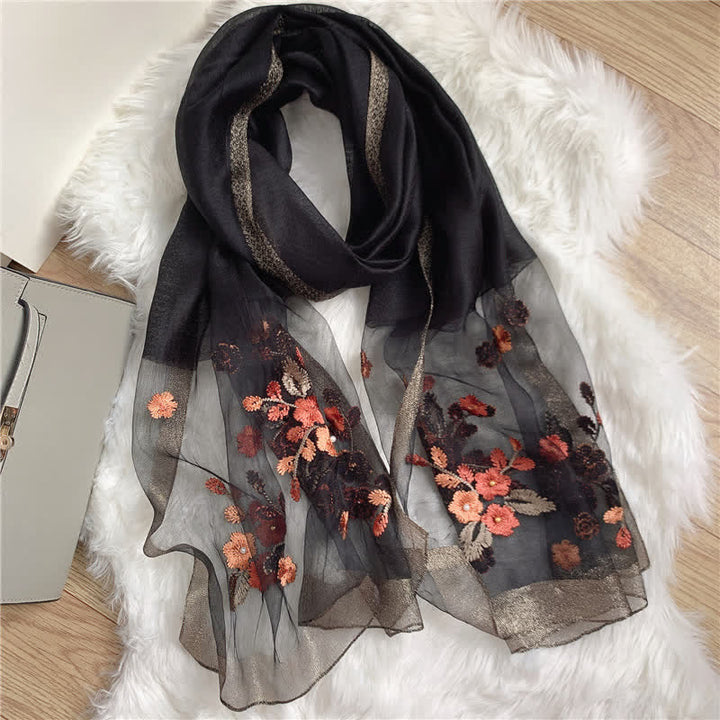 Birchapple Flower Embroidered Gold Edge Thin Summer Scarf - Black - image 8