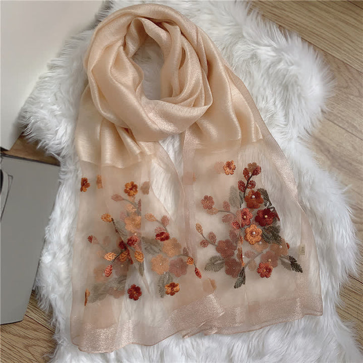 Birchapple Flower Embroidered Gold Edge Thin Summer Scarf - Beige - image 7