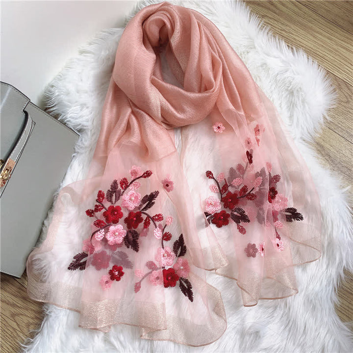 Birchapple Flower Embroidered Gold Edge Thin Summer Scarf - Pink - image 5