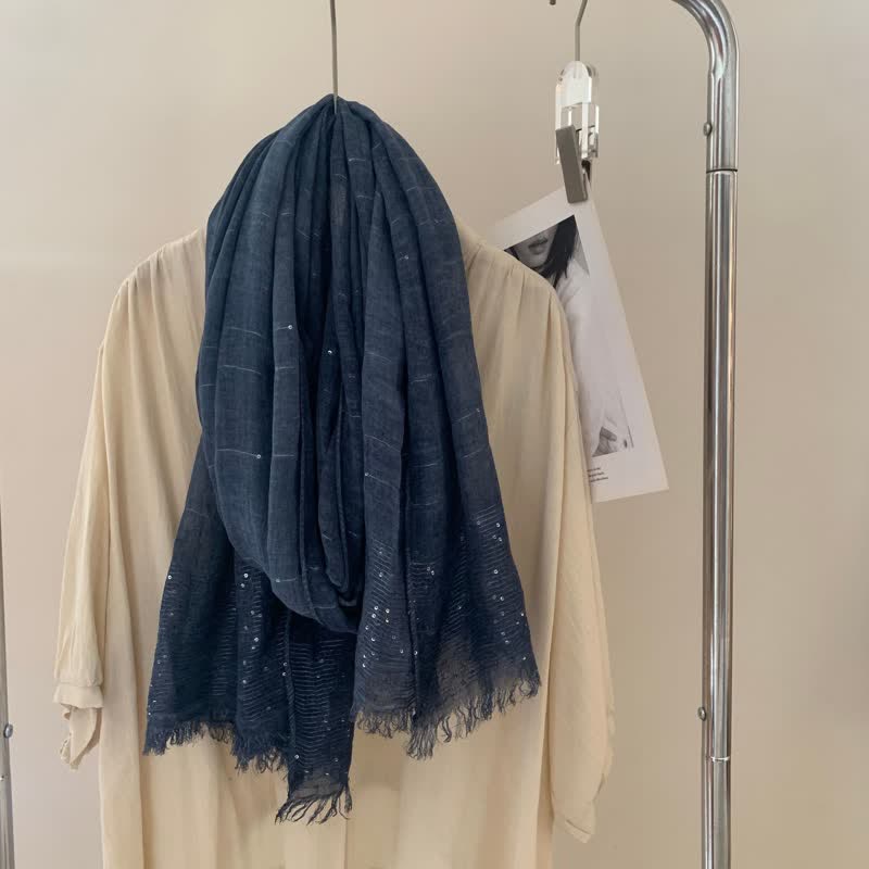 Sequins Dirty Dyed Shawls Solid Color Thin Scarf - Navy - image 1