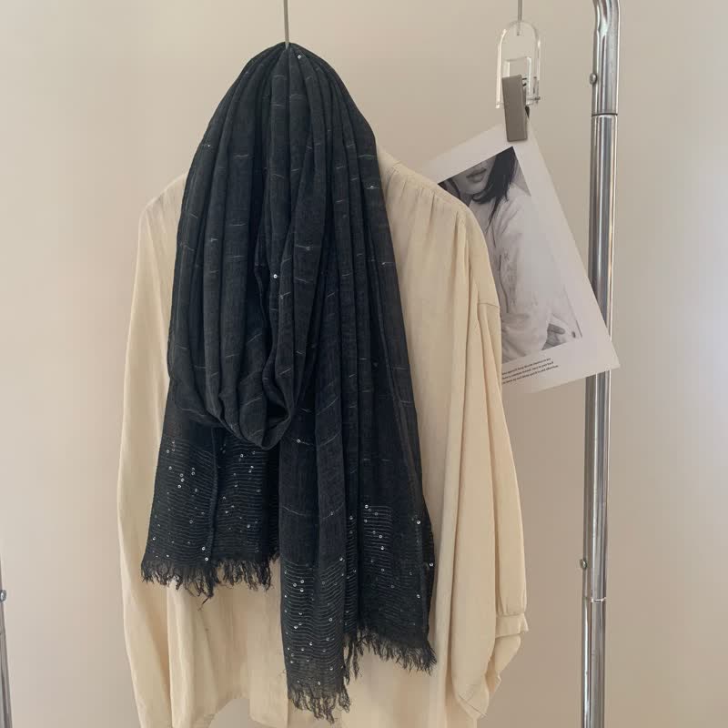 Sequins Dirty Dyed Shawls Solid Color Thin Scarf - Black - image 3