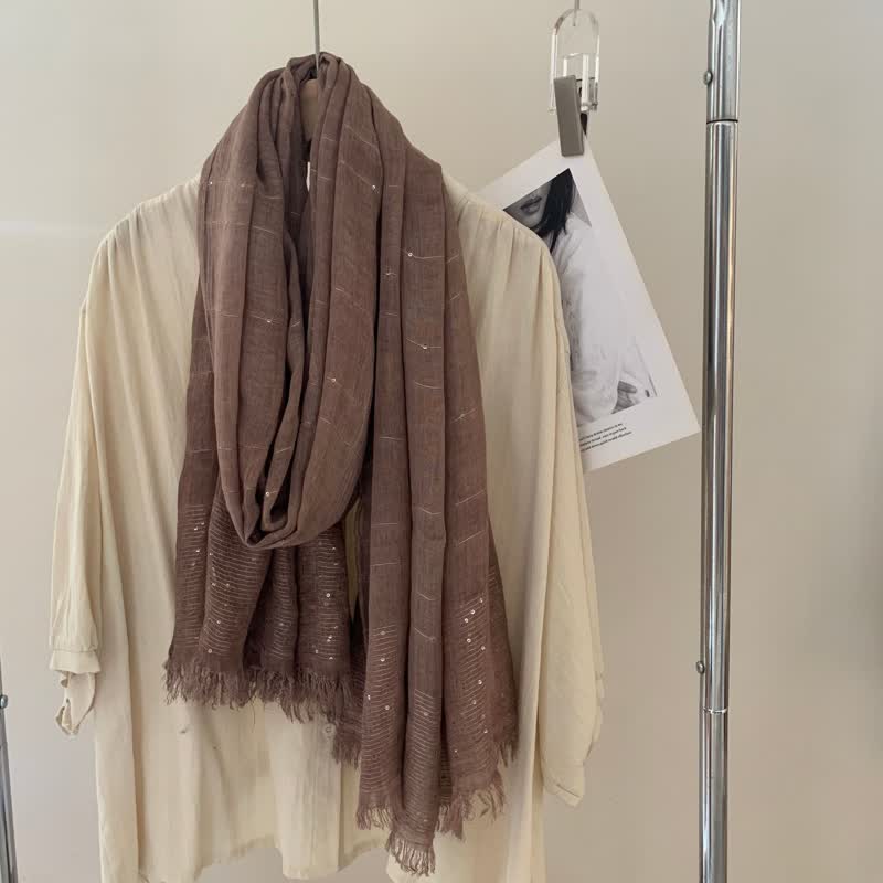 Sequins Dirty Dyed Shawls Solid Color Thin Scarf - Brown - image 5