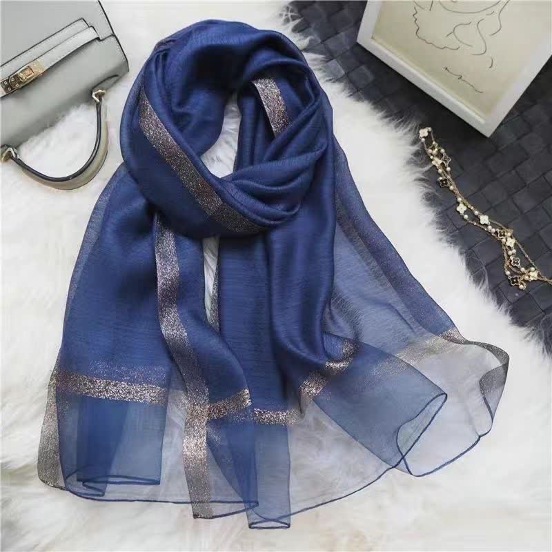 Exotic Style Golden Edge Solid Color Thin Scarf - Navy - image 10
