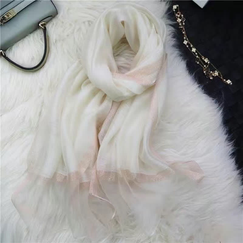 Exotic Style Golden Edge Solid Color Thin Scarf - Ivory - image 9