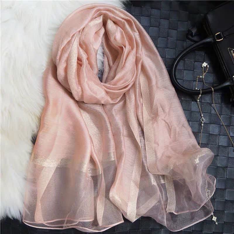 Exotic Style Golden Edge Solid Color Thin Scarf - Pink - image 6