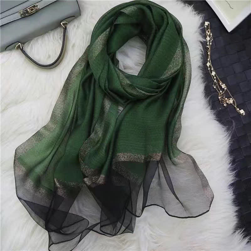 Exotic Style Golden Edge Solid Color Thin Scarf - Dark Green - image 1