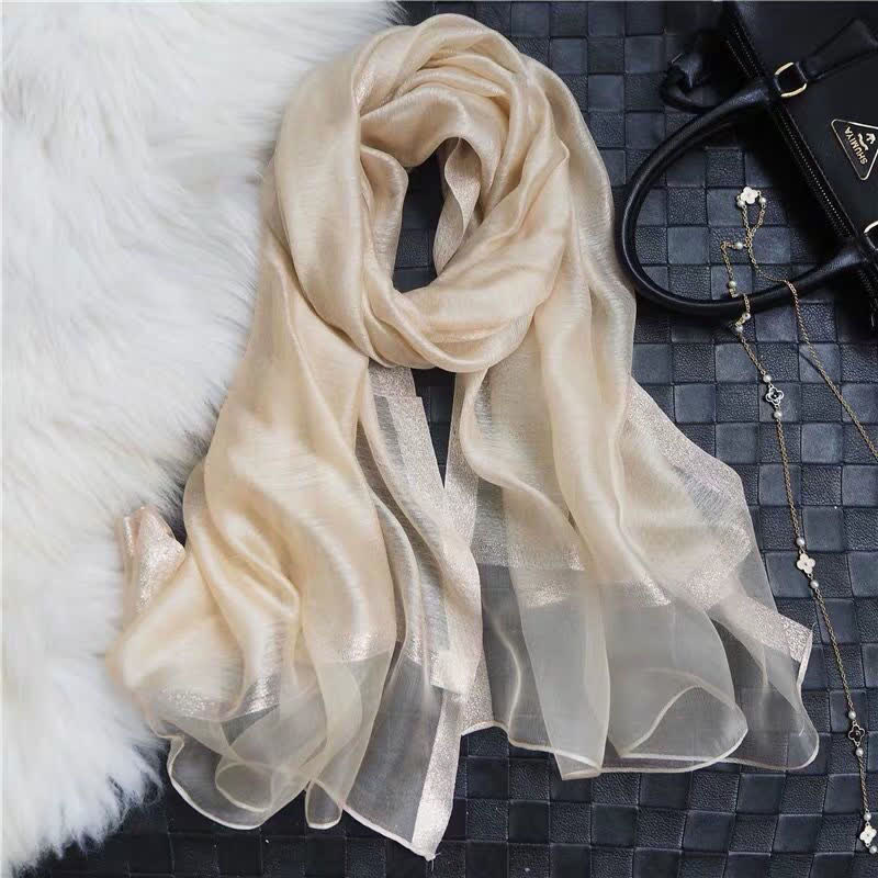 Exotic Style Golden Edge Solid Color Thin Scarf - Champagne - image 7