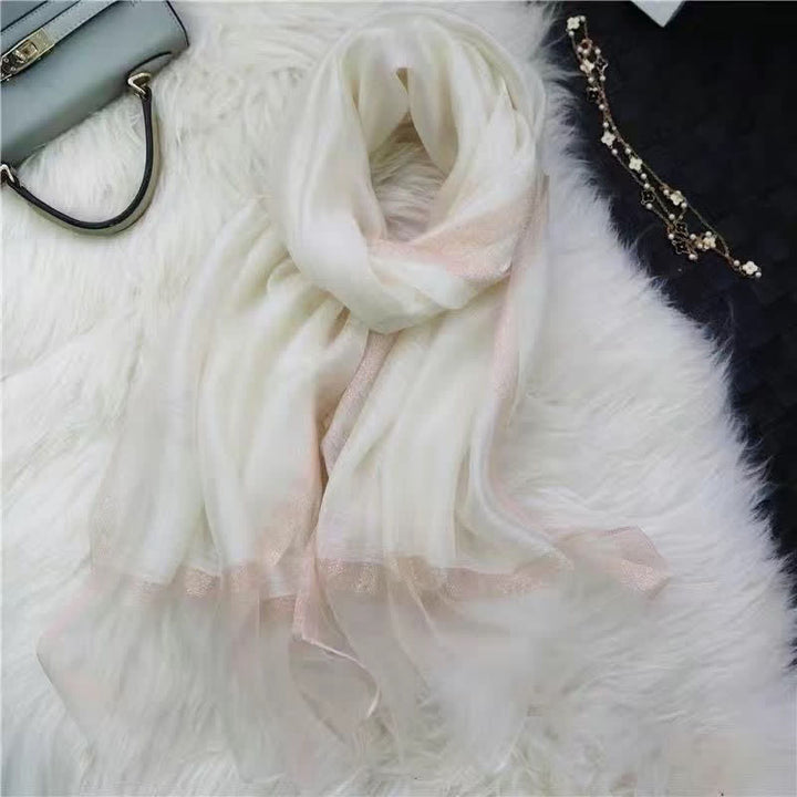 Exotic Style Golden Edge Solid Color Thin Scarf - Ivory - image 9